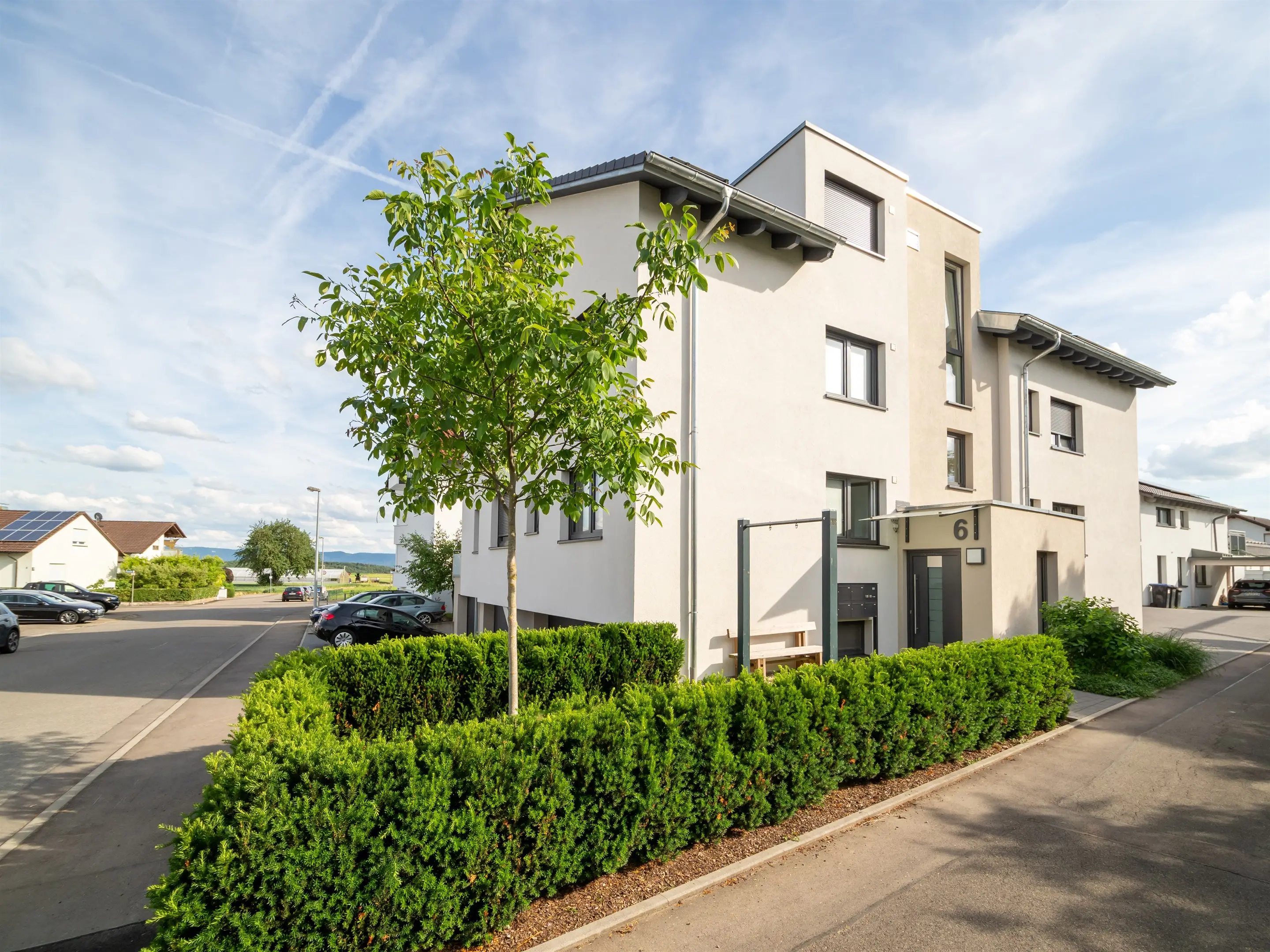 Ankunftsseite mit Hauseingang, Hecke und Baum